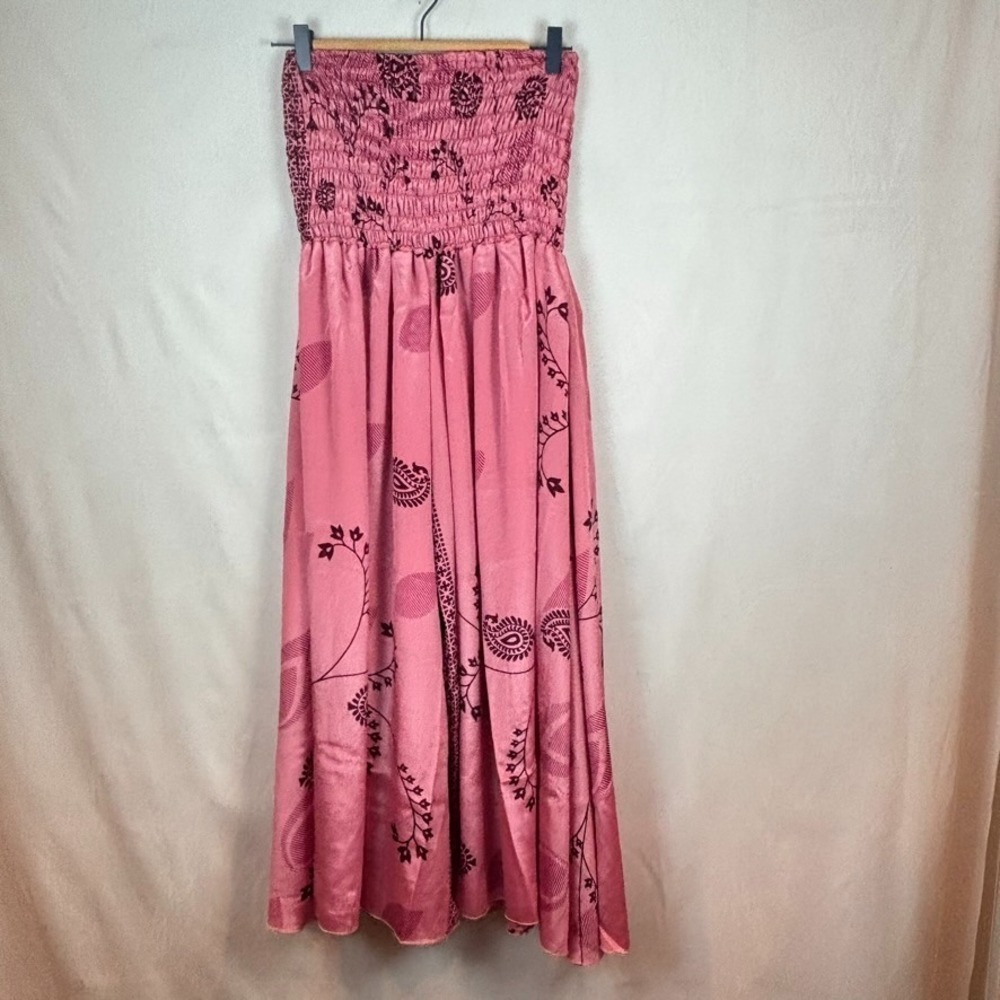 Womens 100% Silk Pink Smocked Waist Floral Palazzo Flowy Pants One Size NWT Boho